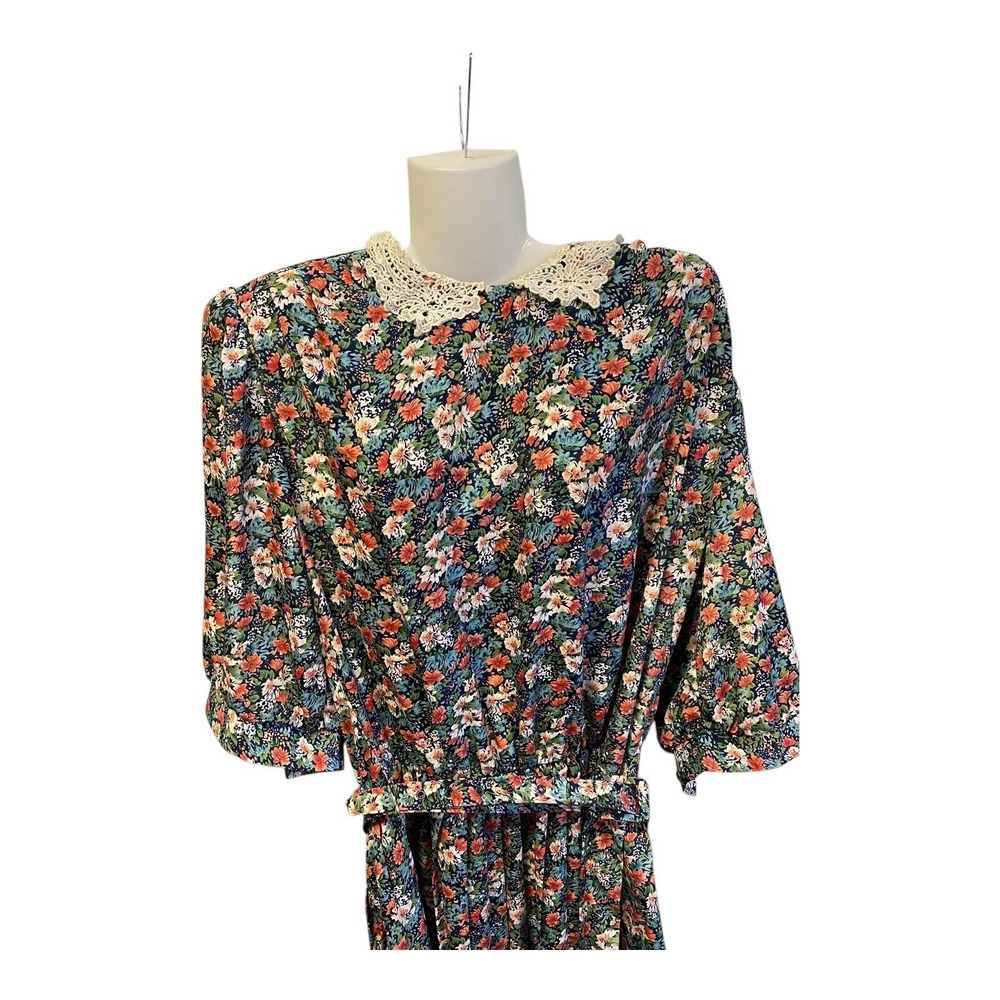 VTG Floral Dress 16 Lace Collar‎ Belt Cottagecore Coquette 80s 90s Pleated - Picture 2 of 8